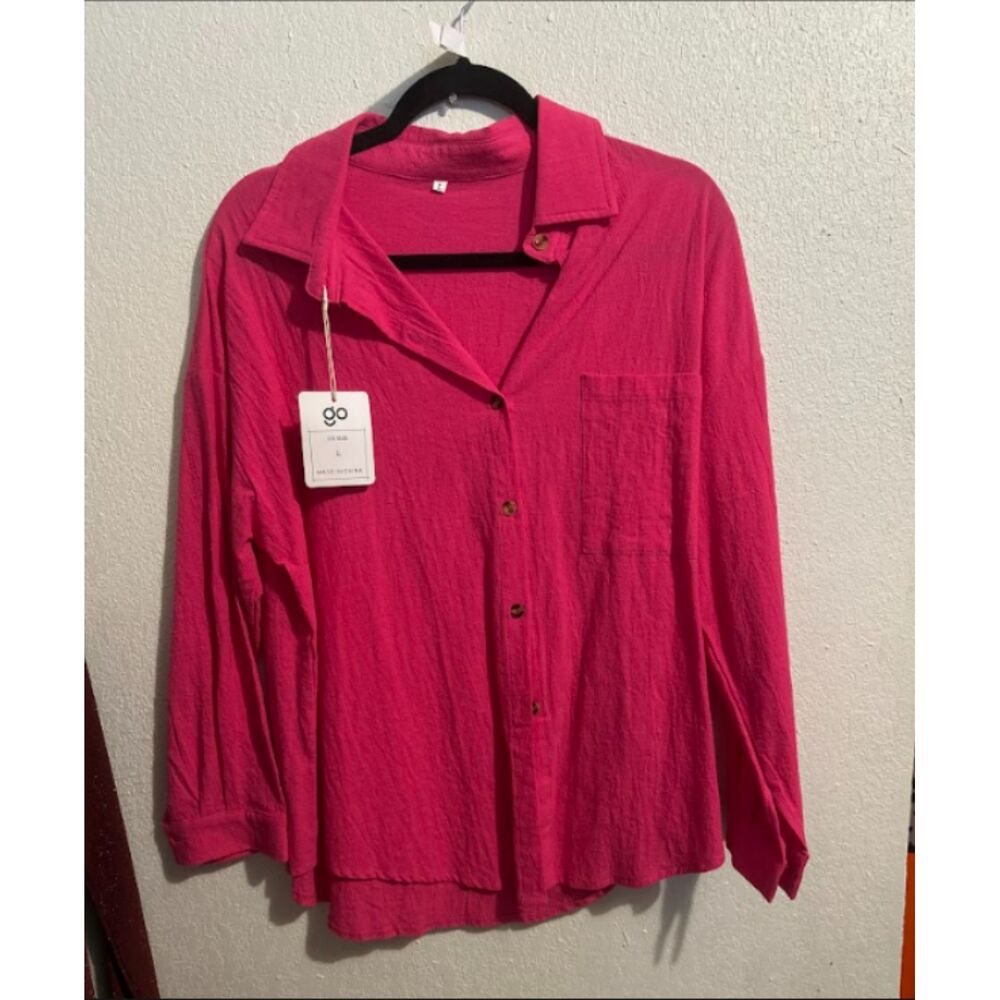Women's Hot Pink Oversized Button Down Shirt – Slouchy Off-Shoulder Blouse